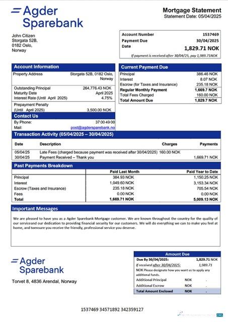 Download Norway Agder Sparebank mortgage statement Word and PDF template Photoshop template